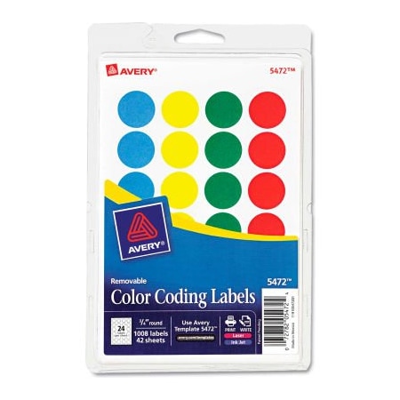 Avery Print or Write Removable Color-Coding Labels, 3/4" Dia, Assorted, 1008/Pack 5472